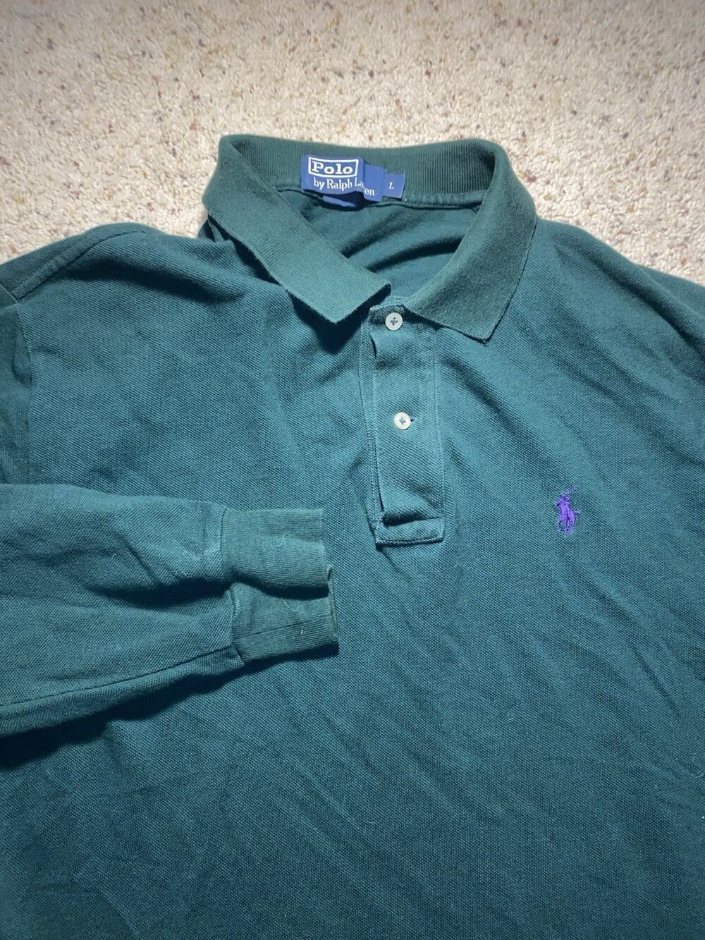 Polo Ralph Lauren Mens Large Green Long Sleeve Cotton Polo Shirt Purple Pony